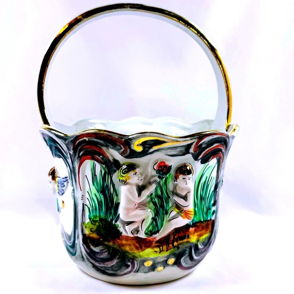 Vintage Portugal Pereiras Valado Figural Ceramic Basket Planter Gold Trim Cherub